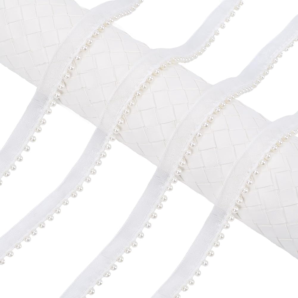 10 Yards White Ribbon with Pearls Thin Organza Sheer Plastic Pearl Edge ...