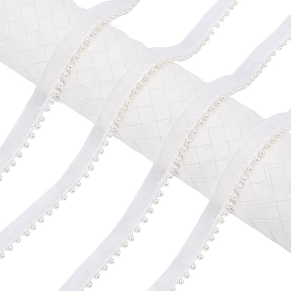 10 Yards White Ribbon with Pearls Thin Organza Sheer Plastic Pearl Edge Ribbons Bead Tassel Fringe Lace Fabric Trim Bulk for Sewing Making Crafts Gift Wrapping Bouquet Wreaths Home Decor Diy