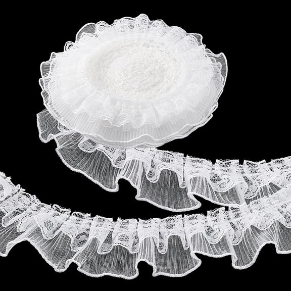 10 Yards White Ruffle Lace Ribbon Trim Pleated Lace Fabric Trim Double Layer Gathered Ruffle Trim Embroidered Sewing for Crafts Costume Pillowcase