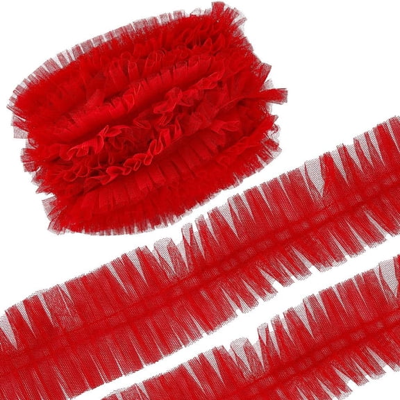 10 Yards x 2.4 Inch Ruffle Pleated Lace Trim Gathered Edge Ribbon Mesh Edging Trimming Lace Border Decorative Applique for Bridal Wedding Dress Clothing Garments Scrapbooking Crafts Red