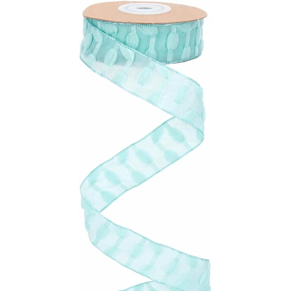 10 Yards x 25mm Crinkle Chiffon Ribbon Wired Edge Pleated Ribbon with Plush Dots Aquamarine Polyester Fabric Lace Trim for Gift Wrapping DIY Crafts Wedding Bouquets Hairband Making