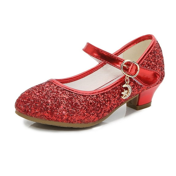 10 Years Girls Dress Shoes Low Heel Princess Flats Mary Jane Flower Wedding Party Glitter Shoes for Kids Toddler Red