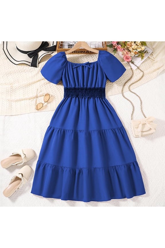 10 Years Girls Dress Tutu Fluffy Summer Dresses Belted Wedding Party Flower Girls' Dress Size 8-13 Years Blue
