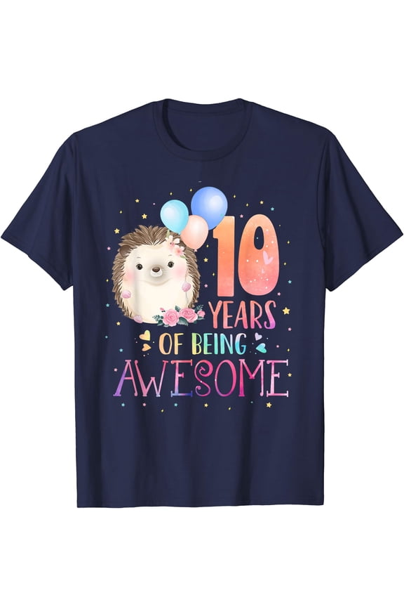 10 Years Of Being Awesome Cute Hedgehog 10th Birthday Girl T-Shirt