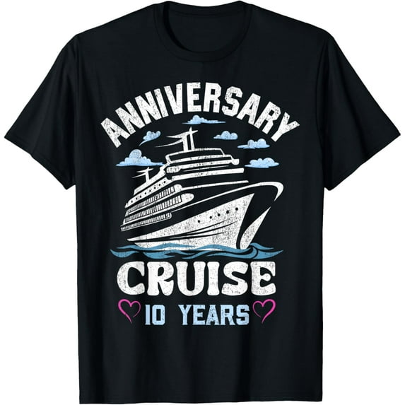 10 Years of Marriage 10th Wedding Anniversary Cruise Ship T-ShirtMen's and women's gift, black and white T-shirt, size: Extra large S-4XL