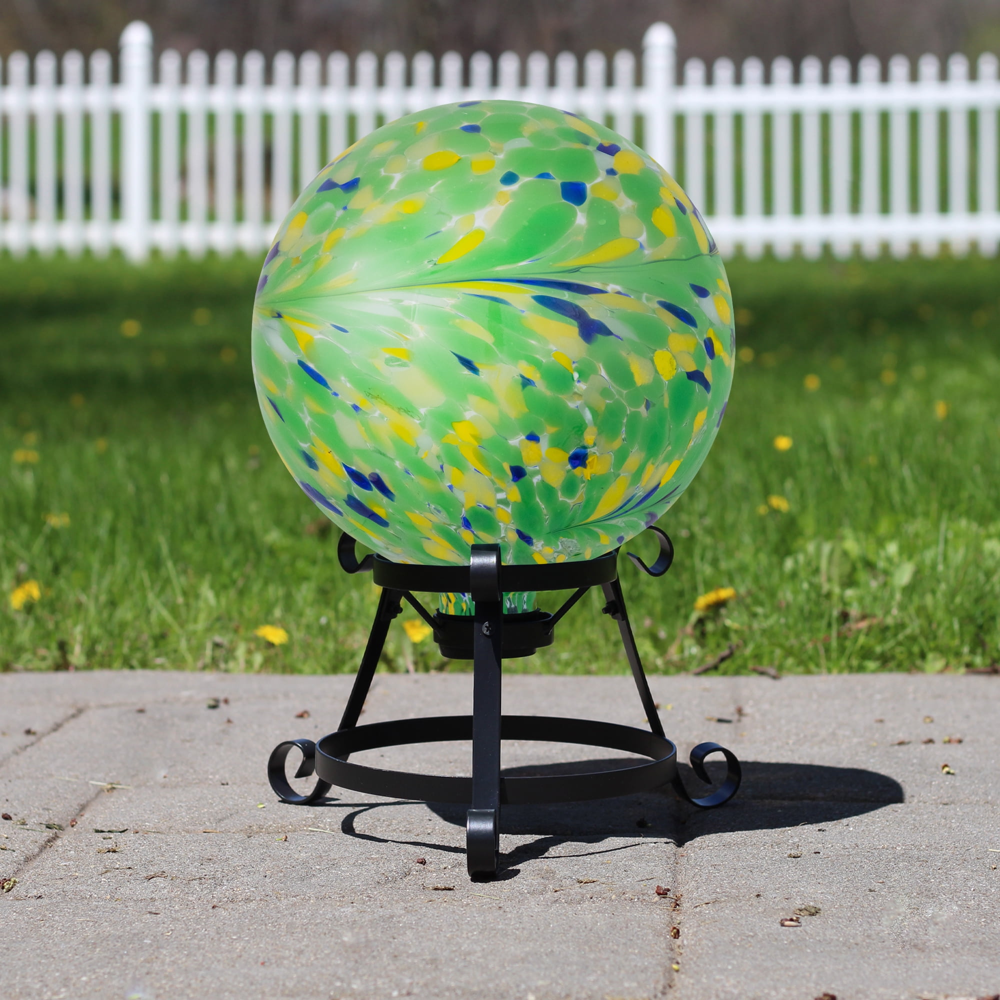 10" Hand Painted Yellow and Green Glass Garden Gazing Ball