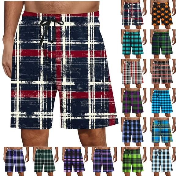 Under $10 Yteetum Shorts for Men Plaid Pajama Home Wear Shorts Summer Checkered Printing Casual Relaxed Loose Fits Elastic Waist Imitation Cotton Short Pants with Pockets