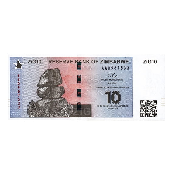 $10 Zig 2024 P Gold Backed Banknote Uncirculated Currency With QR Code - Collectible Zimbabwe Note