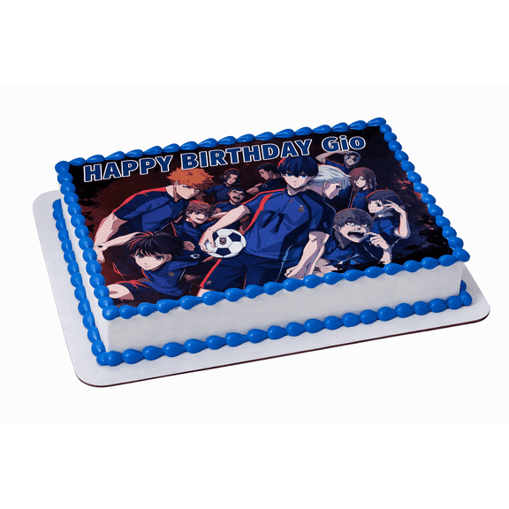 10" by 8" Blue Soccer Anime Edible Image Cake Topper Easy To Apply To your Own Cake.