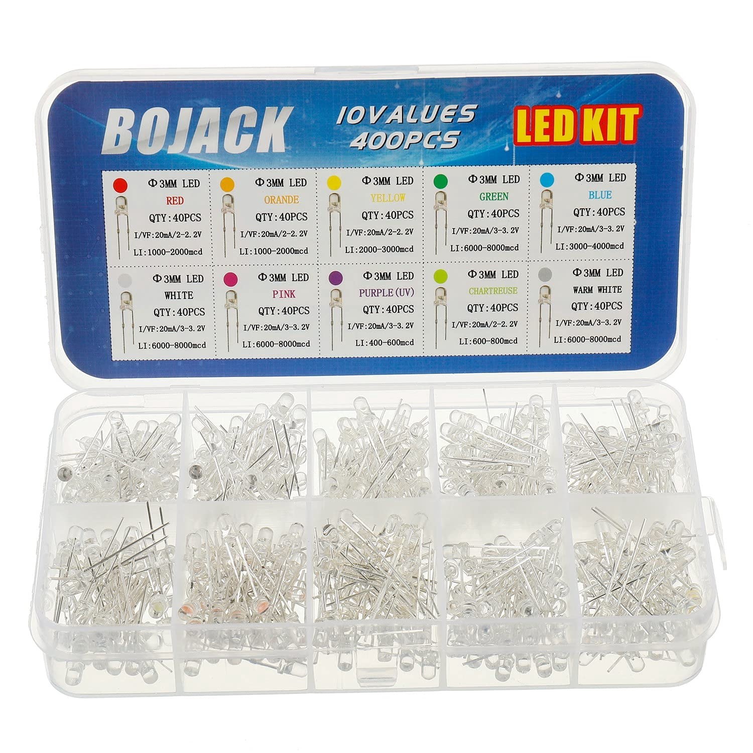 10 colors 400 pieces 3 diode LED mixed set package (red/orange/yellow/green/blue transparent 2-3.220) bright lighting LED lights electronic components 3 LED parts
