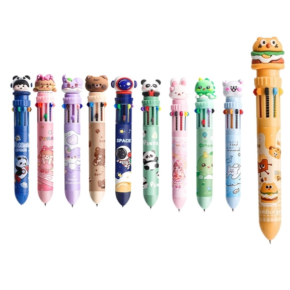 10-colour push-button automatic ballpoint pen, quick-drying coloured ballpoint pen cute cartoon character style