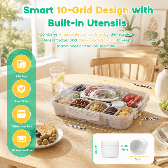 10-compartment Snackle Box Container With Built-in Utensil Stor Divided Serving Tray Lid And Handle Snack Leak-proof Dip Cupsulate
