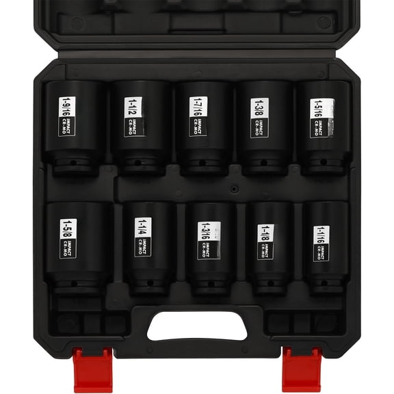 10 count 1/2" Drive Deep Spindle Axle Nut Socket Set, 6-Point, Large Socket Set, SAE (1-1/16" to 1-5/8"), CR-MO