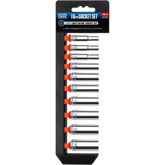 10 count 1/4" Drive Deep Socket Set, Metric (5mm-14mm), 6-Point, Cr-V Steel, Chrome Plated Socket With  Bracket, Cover  Commonly Sizes