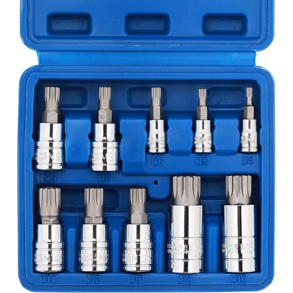 10 count 1/4-Inch, 3/8-Inch & 1/2-Inch Drive XZN Triple Square Spline Bit Socket Set, M4-M18, 12 Point Tamper Proof, Cr-V Sockets and S2 Steel Bits