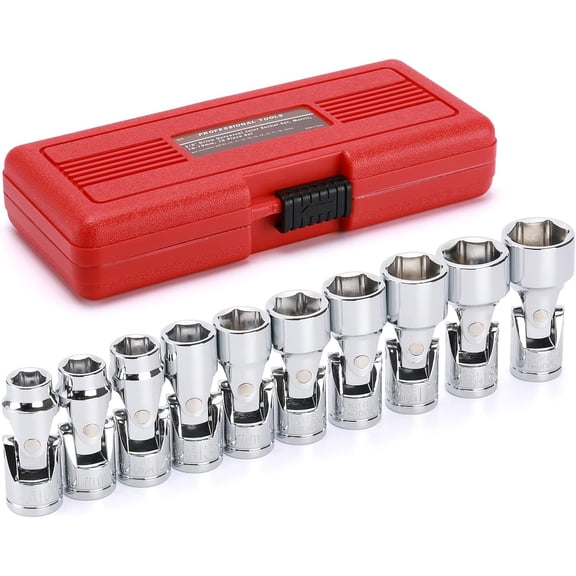 10 count 3/8" Drive Universal Joint Socket Set, 6 Point, Metric Universal Flex Socket Set, CR-V, Swivel , 10mm - 19mm