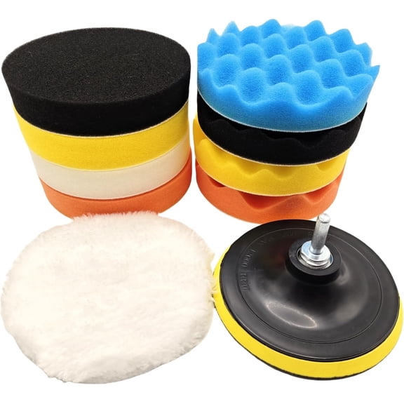 10 count 5Inch Backing Plate Compound Buffing Polishing Sponge Pads Waffle Buffing Polishing Pads Kit with Woolen Pad and 5Inch Backing Plate M10 Drill Adapter