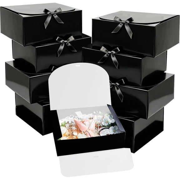 10 count  Boxes with ,10x8x4 inches Black  Boxes with Ribbons, Bridesmaid Proposal Box, Paper  Box for Wedding, Packaging, Present, Birthday, Cupcake Boxes, Crafting