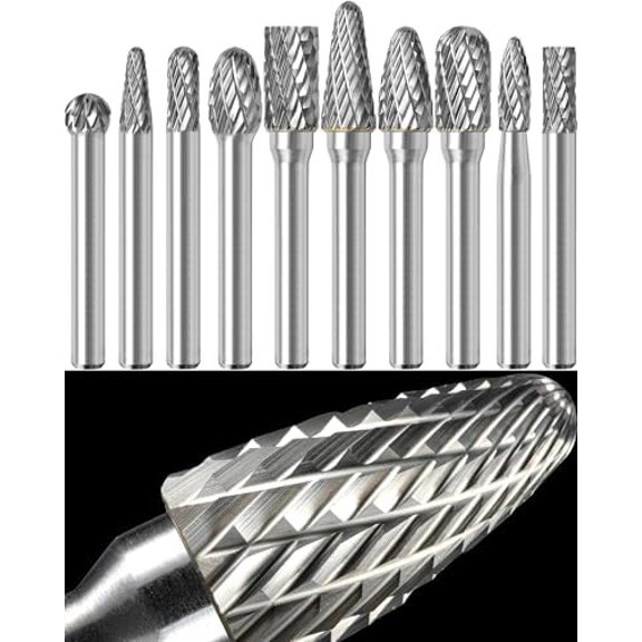 10 count Carbide Burr Set 1/4 Shank w/Clear Box Max  Dia 10mm   Bits Rotary Tools Attachment Kit Rasp Accessories Metal  Stone Steel Grinding Deburring  Porting Carving