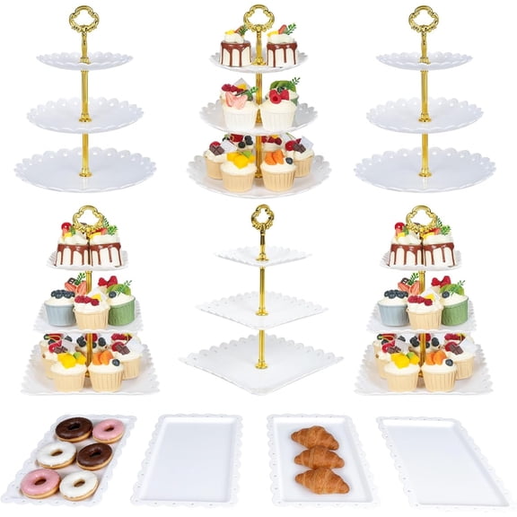 10 count Dessert Table Display Set,with 6 count 3-Tier Cupcake Stands & 4 count  Serving Trays- Cookie Tray Rack Cake Display Tower for Wedding,  Shower,  Party, Birthday Decorations