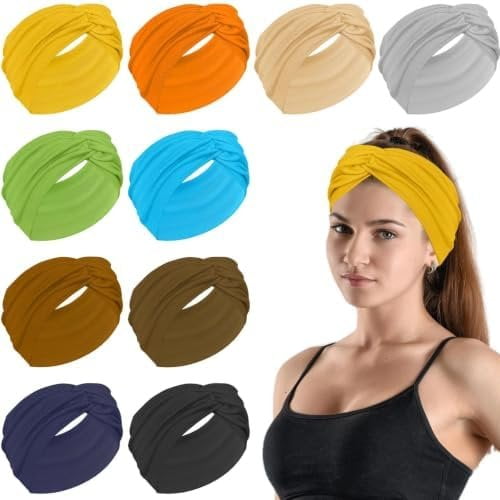 10 count Extra Wide Headbands for Women, Turban Thick Bands | Boho Hair Bands Elastic Non Silp Wraps Knotted for Workout Yoga Gym Hair Accessories