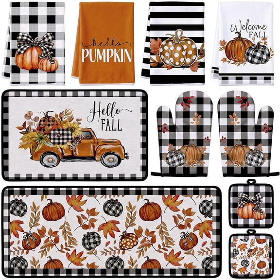 10 count Fall Kitchen Decor Set, Fall Pumpkin Microfiber Kitchen Towels Pot Holders and Oven Mitts Non Slip Linen Rugs Mats Set for Autumn Thanksgiving Accessories