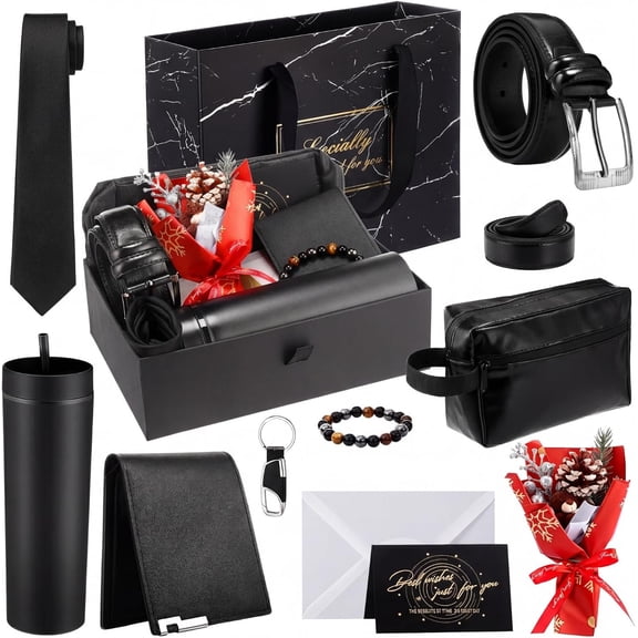 10 count Father Day Basket for Men, Basket Box Kit 16 oz Tumblers Wallet Tie Belt Anniversary Birthday Present for Dad Husband Him Boyfriend(Christmas Red)