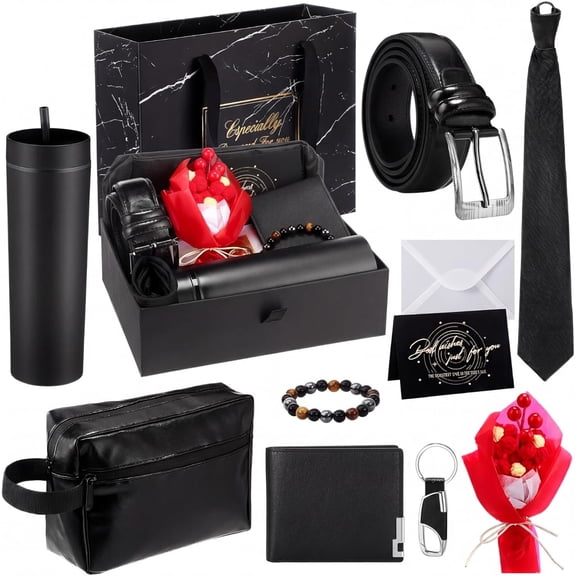 10 count Father Day  Basket for Men, Basket Box Kit 16 oz Tumblers Wallet Tie Belt Anniversary Birthday Present for Dad Husband Him Boyfriend(Red )