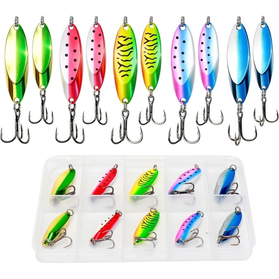 10 count Fishing Spoons Lures Kits, Trout Saltwater Fishing Lures, 2 Size Casting Metal Spoon with High Flash, Heavy Duty Jigs Lures for Trout Walleye Bass Pike Crappie