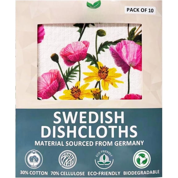 10 count Flower Print Swedish Dishcloths for Kitchen, Biodegradable, Cellulose Sponge Cloths, Ultra Absorbent, Cleaning Towels Dishcloths for Washing Dishes & General Cleaning