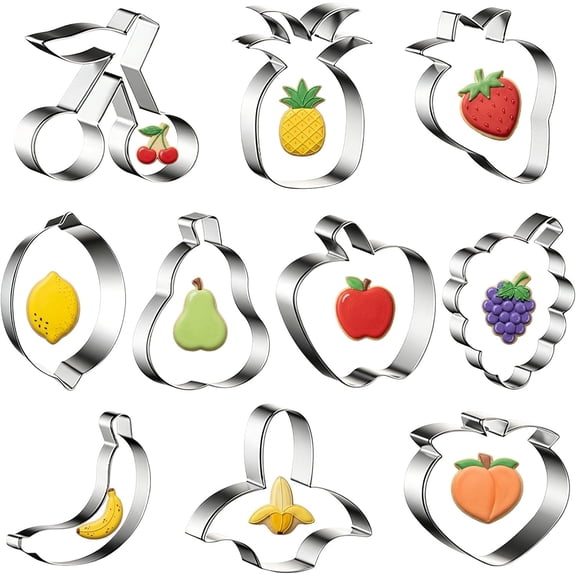 10 count Fruit Cookie Cutters Set, Stainless Steel Fruits Shape Cookie Cutters Molds Pineapple, Strawberry, Pear, , , Grape, Peach, Banana, Cherry Shapes Cookie Cutters