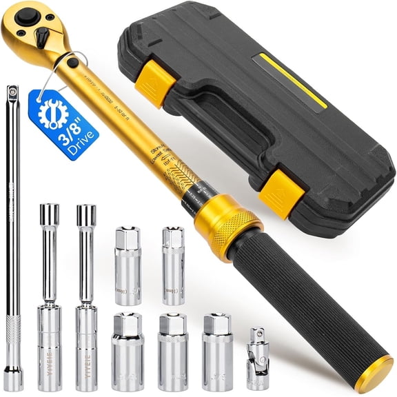10 count Full  Spark Plug Socket Set with 3/8" Drive Torque Wrench (5-50 FT.LB/6.8-67.8Nm), Swivel  Spark Plug Removal Kit Includes 14, 16, 18mm& 9/16, 5/8, 3/4, 13/16 Inch Sockets