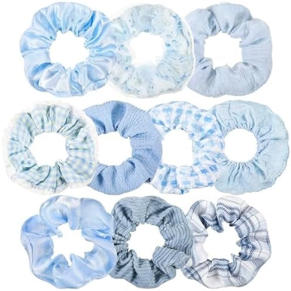 10 count Hair Scrunchies for Women Satin Silk Scrunchies  Fuzzy Flower  Bubble Hairties Bulk Elastic Hair Accessories Scrunchies for Teens Girls(Blue)