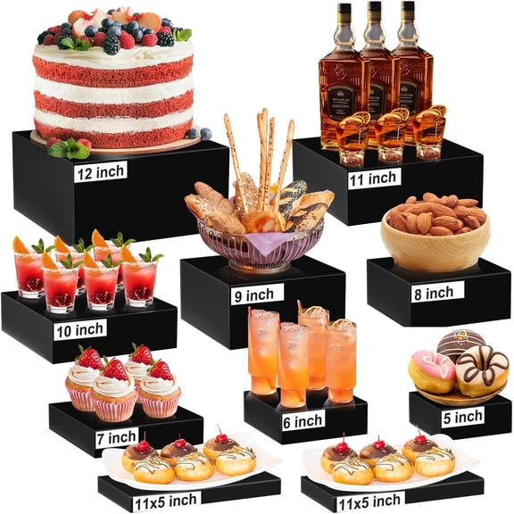 10 count Large Buffet Risers, Black Display Stands for Buffet, Dessert Table, , and Catering, Stackable Risers with Hollow Bottoms, Nesting Cube Box (12"-11"-10"-9"-8"-7"-6"-5")
