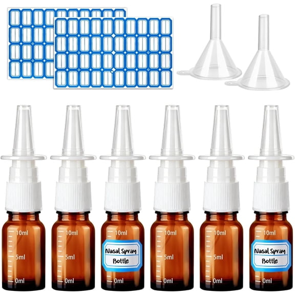10 count Nasal  Bottle, 10ML/0.35OZ 6 count Empty Glass Brown Scale Nose  Bottles Refillable with 2 Funnels and 2 Labels