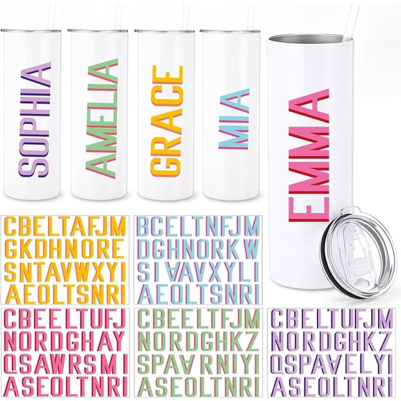 10 count Personalized Tumblers with 5 count UV Dft Vinyl Letter Stickers 20 oz Monogrammed Skinny Tumblers with Lid and Straw Stainless Steel Insulated Sublimation Cup for Wedding Birthday Gifts