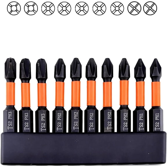 10 count Phillips Bits PH1/PH2/PH3, 2 Inch Length with 1/4 Inch Hex Shank, S2 Steel Bits Set