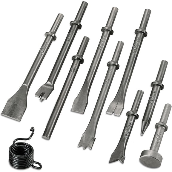 10 count Pneumatic Air Hammer Chisels Set, Heavy Duty High Carbon Steel Pneumatic Air Hammer Chisels with 0.401" Shank, Pneumatic Chisel Tool Rivet Removal & Automotive Repairs, Includes Spring