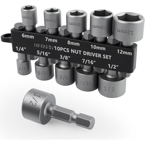 10 count Power Nut Driver Set for Drill, Professional Metric & SAE Nut Drivers Bit Set with Tight Fit Storage Holder, Drill Socket Set with Ridge Design 1/4 Hex Shank for Wide Compability