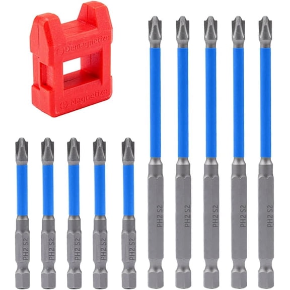 10 count Pozidriv Phillips Slotted Bit Set for Electricians 1/4 Inch Hex Shank PH2 Special S2 Steel Flat Slotted Phillips Screw Driver Drill Bits(65+110mm Length)