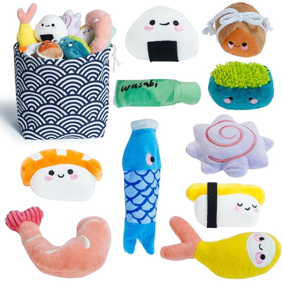 10 count Sushi Small to Keep Them Busy, Cute Stuffed Puppy with Bag, Plush Squeaky for Small to Medium Christmas Stocking Stuffers