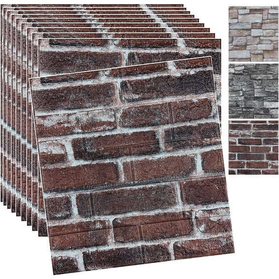 10 count Wall Panels Peel and Brick Wallpaper Peel and Faux Stone Wall Panel Brick Self- Wallpaper (Red,10pcs)