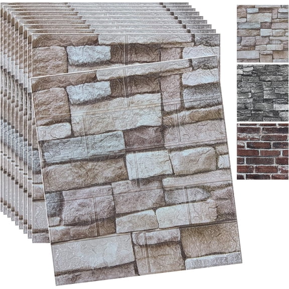 10 count Wall Panels Peel and Brick Wallpaper Peel and Faux Stone Wall Panel Brick Self- Wallpaper (Rock,10pcs)