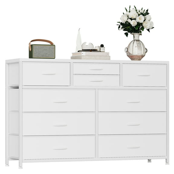 10-drawer Fabric Dresser TV Stand - Steel Frame Storage Organizer with Wood Top for Bedroom, Nursery & Closet (49.2"L x 31.5"H)