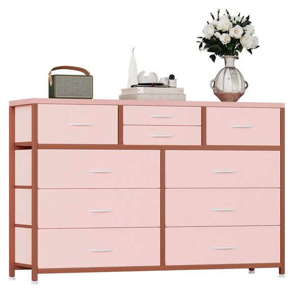 10-drawer Fabric Dresser TV Stand - Steel Frame Storage Organizer with Wood Top for Bedroom, Nursery & Closet (49.2"L x 31.5"H)