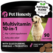 Pet Honesty Dog, 10 in 1 Multivitamin Mobility Immune Skin Coat Support Supplement w Glucosamine Probiotics and Omegas, Peanut Butter Flavor, 90 Count Soft Chews
