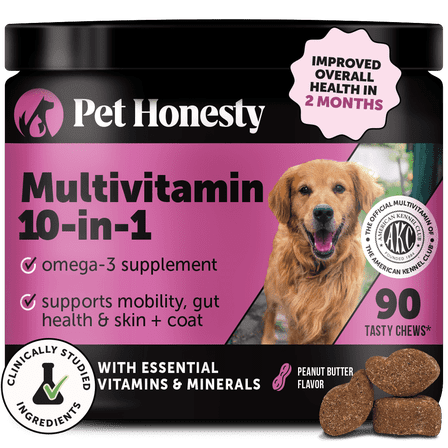 Pet Honesty Dog, 10 in 1 Multivitamin Mobility Immune Skin Coat Support Supplement w Glucosamine Probiotics and Omegas, Chicken Flavor, 90 Count Soft Chews