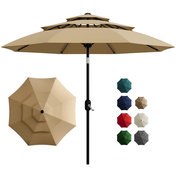10 ft 3-Tier Patio Umbrella, Outdoor Table Umbrella with Vents & Easy Crank, Push Button Tilt Market Umbrella with 8 Sturdy Ribs for Pool Deck Yard Garden, Tan