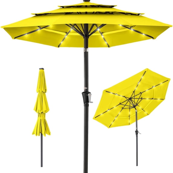 10 ft 3-Tier Solar Patio Umbrella with 24 LED Lights, Ventilated Canopy ...