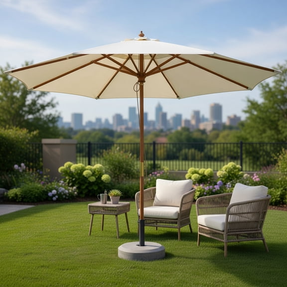 10 ft Beige Patio Umbrella with 8 Bamboo Ribs, 3-Height Adjustable Pole, Vented Canopy & Easy-Pull Rope System for Backy